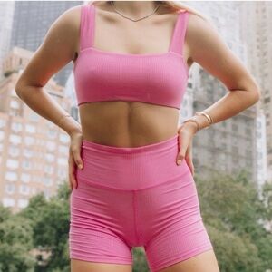 Daily Drills Women's Pink ribbed sports bra & biker Shorts set